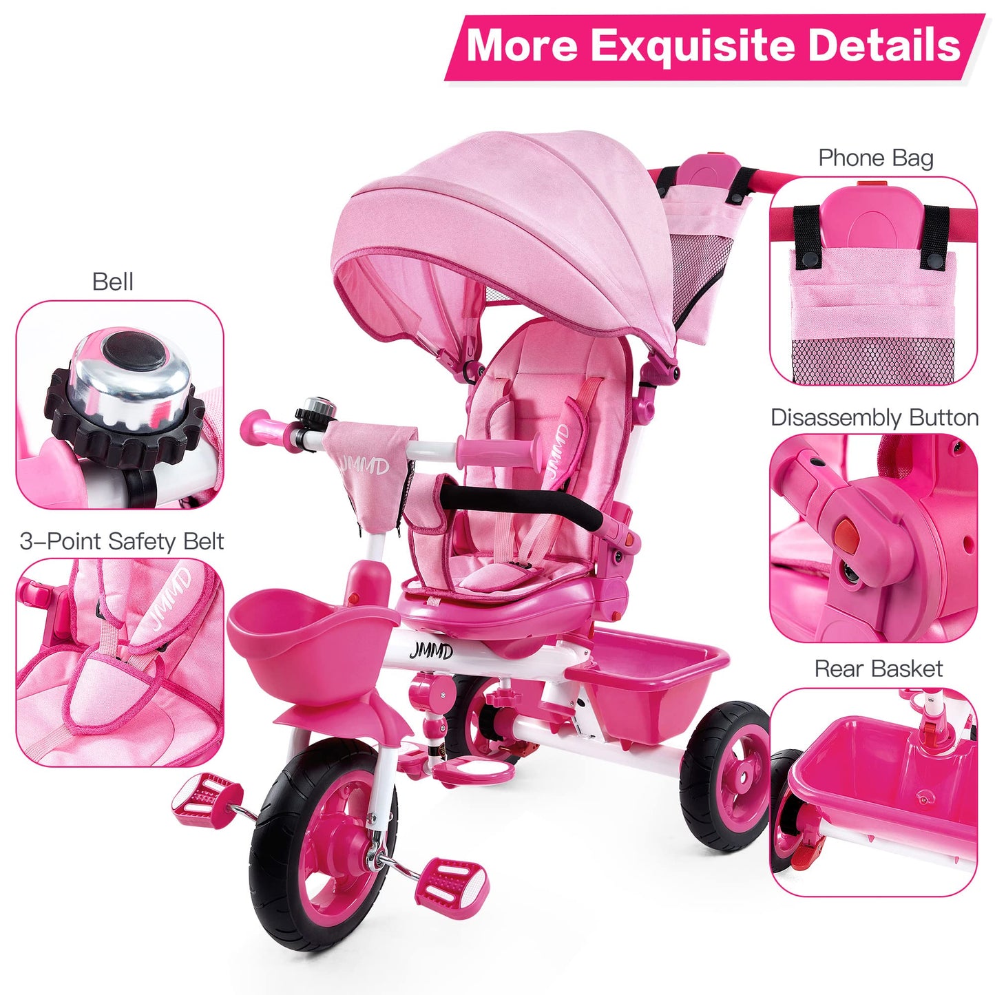 JMMD Baby Trike, 6-in-1 Kids Tricycle with Adjustable Push Handle, Removable Canopy, Safety Harness for 18 Months - 5 Year Old, Pink