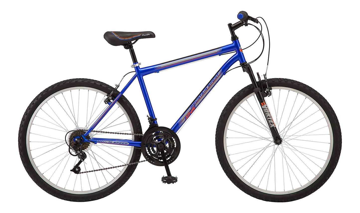 Pacific Mountain Sport Adult Hardtail Mountain Bike, Men and Women, 26-Inch Wheels, 18 Speed Twist Shifters, Front Suspension, Steel Frame, Blue