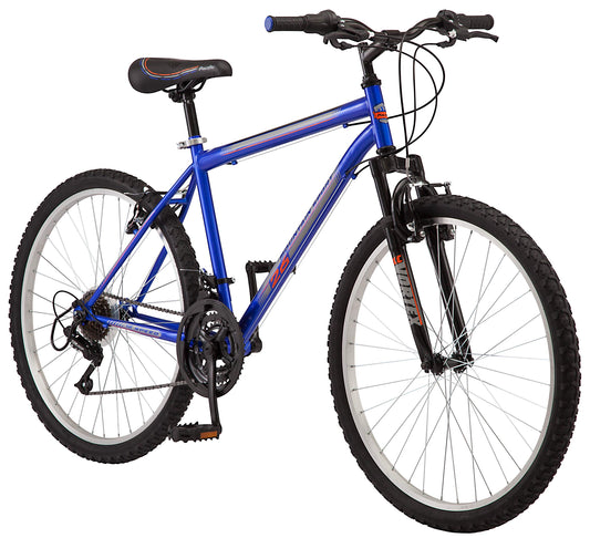 Pacific Mountain Sport Adult Hardtail Mountain Bike, Men and Women, 26-Inch Wheels, 18 Speed Twist Shifters, Front Suspension, Steel Frame, Blue