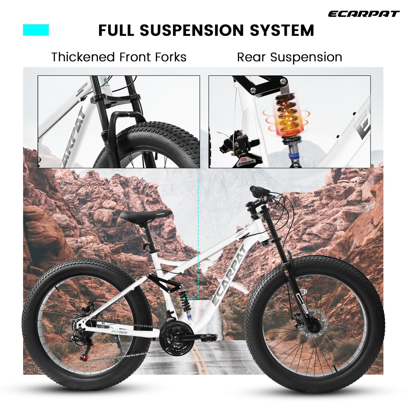 Ecarpat 26x4 Inch Full Suspension Mountain Bike, 21 Speeds Dual Disc Brake, Men Women Steel Mountain Bike, Adult Trail Beach Snow Commuter City Bikes