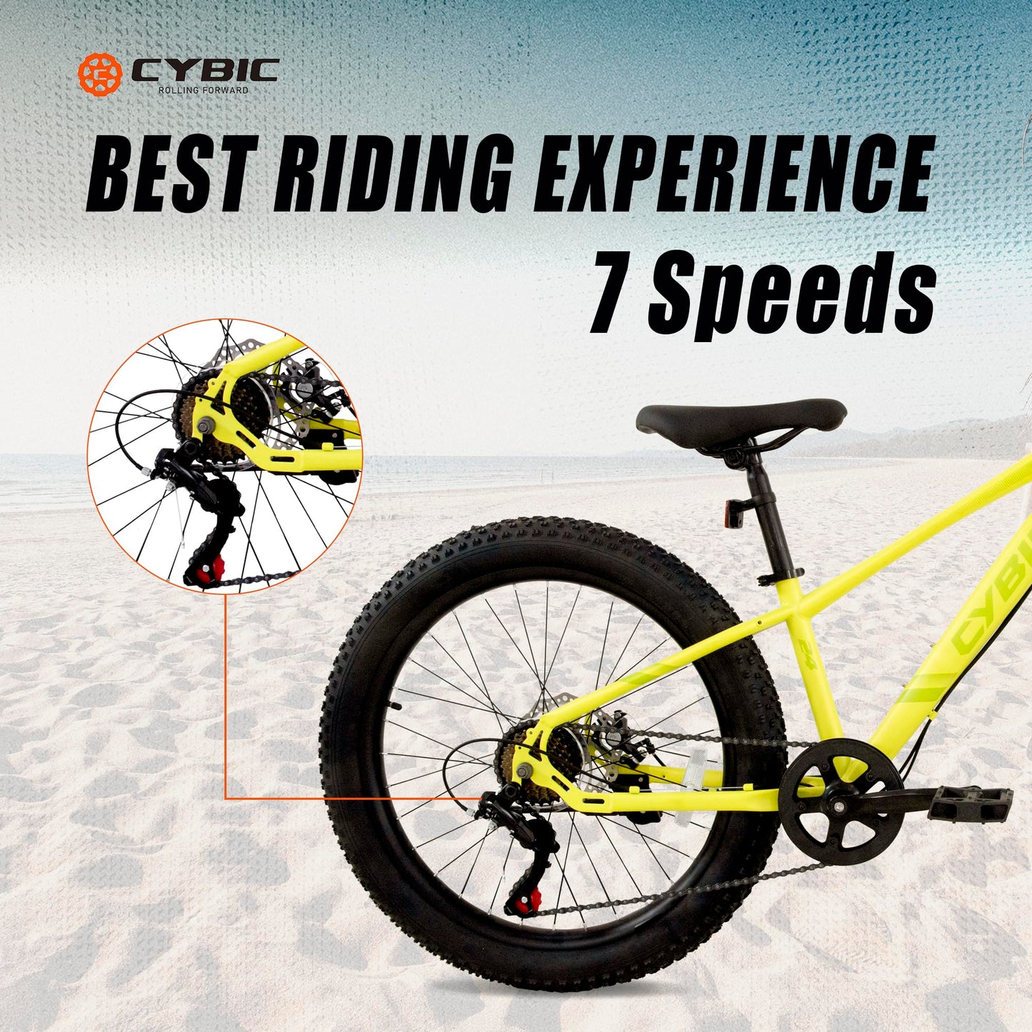 CYBIC 24 inch Fat Tire Mountain Bike for Man, Bicycle with High Carbon Steel Frame, Double Disc Brake 24 in Tire Fat Tire Bike with 7 Speeds as a Gift, Yellow/Green