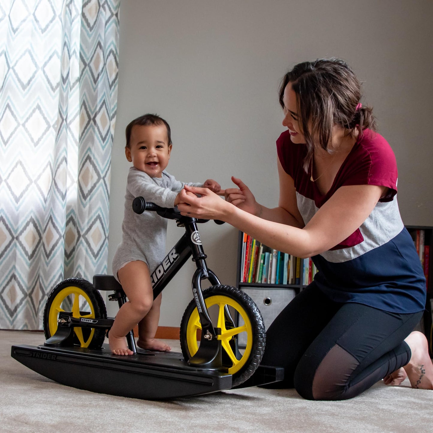 Strider 12” Sport Bike (Black) + Rocking Base - Helps Teach Baby How to Ride a Balance Bicycle - for Kids 6 Months to 4 Years - Easy Assembly & Adjustments