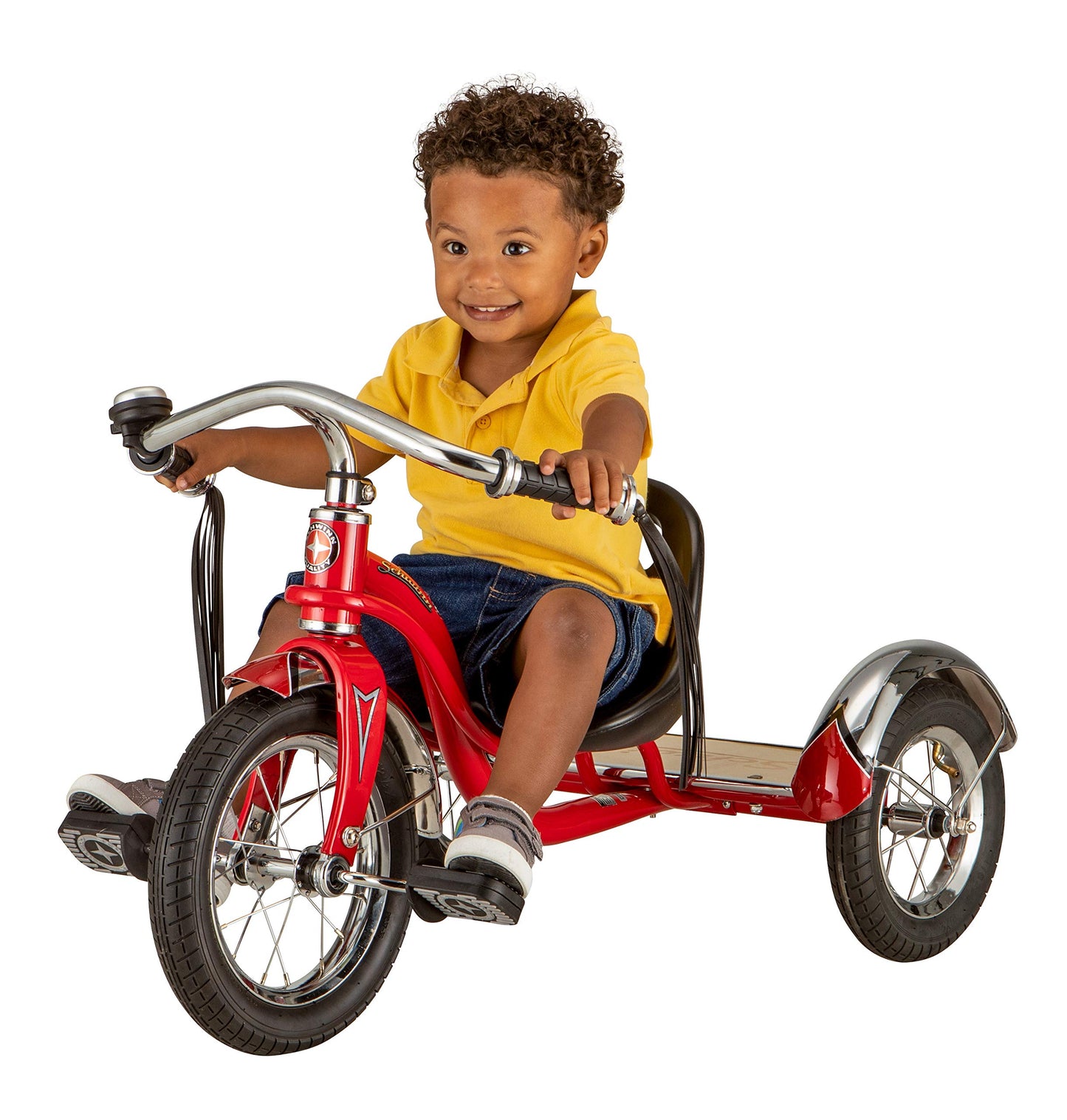 Schwinn Roadster Bike for Toddler, Kids Classic Tricycle, Low Positioned Steel Trike Frame with Bell and Handlebar Tassels, Rear Deck Made of Genuine Wood, for Boys and Girls Ages 2-4 Year Old, Red