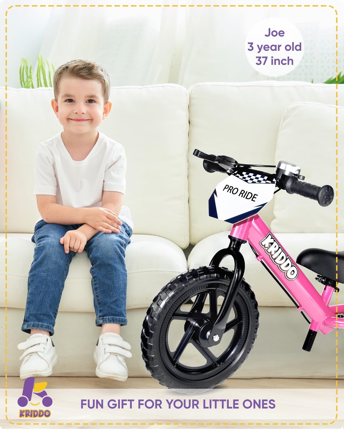 KRIDDO Pro Toddler Balance Bike for 2+ Year Old, 12 Inch Push Bicycle w Hand Brake & Kickstand, Gift Bike for 2-5 Boys Girls, Pink