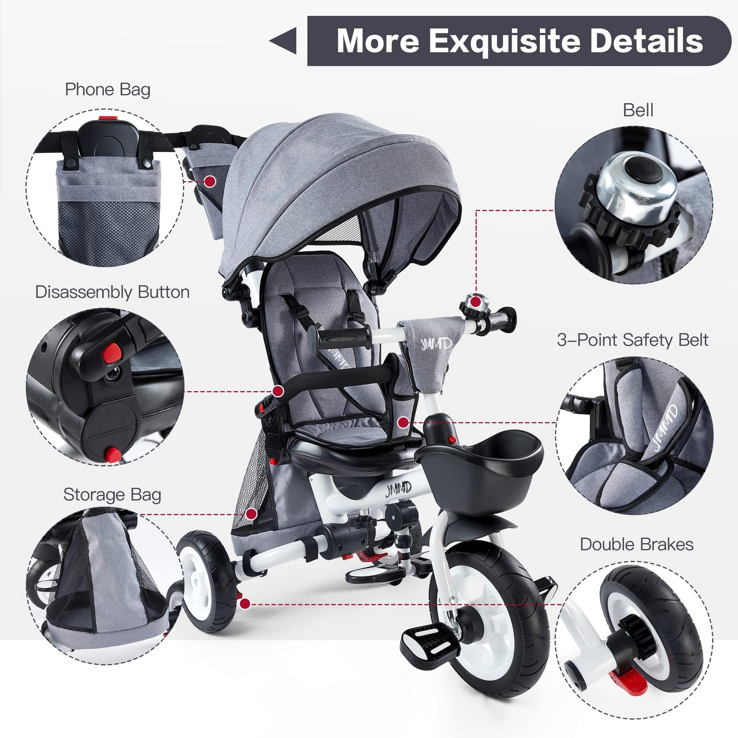 JMMD Baby Tricycle, 7-in-1 Folding Kids Trike with Adjustable Parent Handle, Safety Harness & Wheel Brakes, Removable Canopy, Storage, Stroller Bike Gift for Toddlers 18 Months - 5 Years, Grey