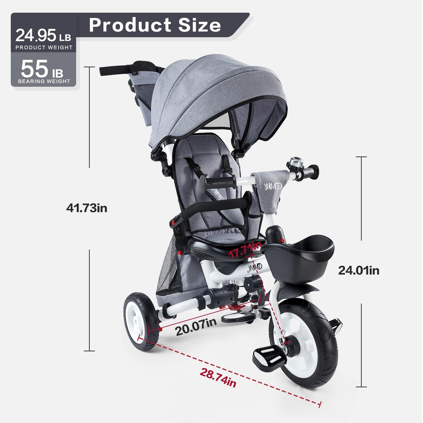 JMMD Baby Tricycle, 7-in-1 Folding Kids Trike with Adjustable Parent Handle, Safety Harness & Wheel Brakes, Removable Canopy, Storage, Stroller Bike Gift for Toddlers 18 Months - 5 Years, Grey