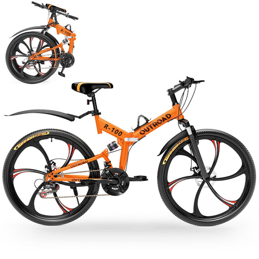 Outroad Folding Mountain Bike Foldable/Unfoldable Bike 26 Inch for Adult, 21-Speed Dual Suspension High-Carbon Steel MTB Foldable Bicycle, Dual Disc Brake Folding Bikes for Men Women