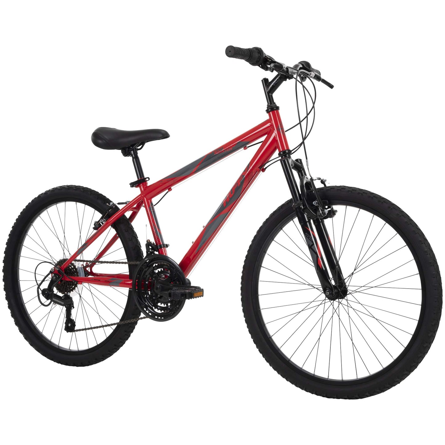 Huffy Stone Mountain Mens 24 Inch Mountain Bike, Red Gloss Frame, 21-Speed Shimano Twist Shifting, Front Suspension, Comfort Saddle | 20"/24"/26" Sizes, 6-21 Speeds, Dual Suspension Available