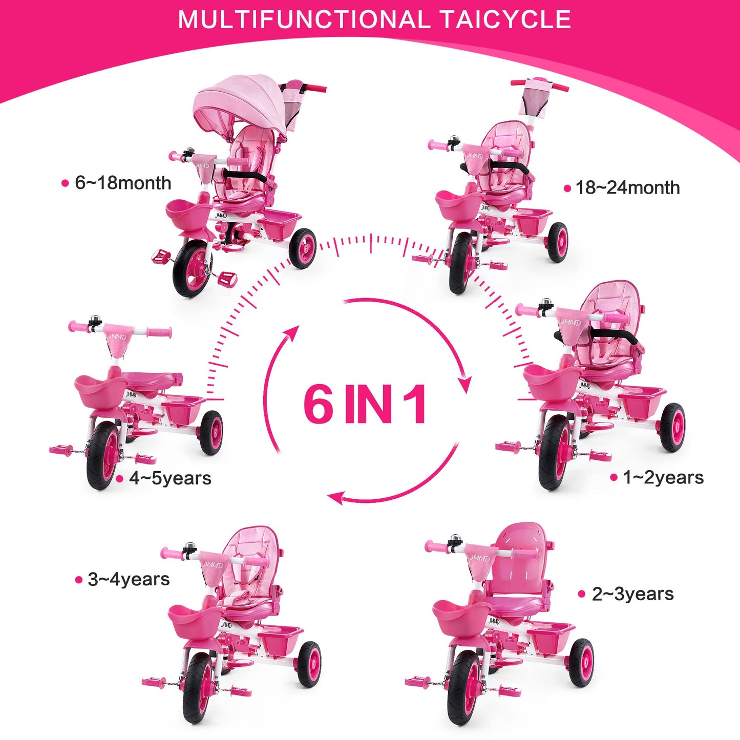 JMMD Baby Trike, 6-in-1 Kids Tricycle with Adjustable Push Handle, Removable Canopy, Safety Harness for 18 Months - 5 Year Old, Pink