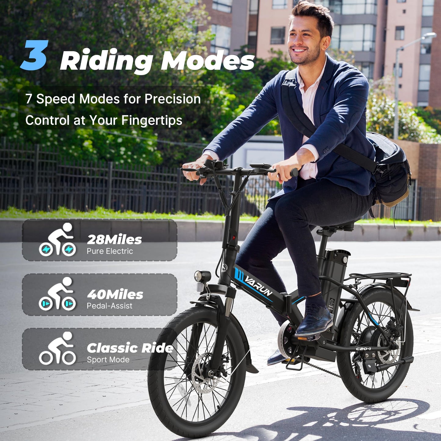 VARUN Electric Bike - Peak 750W Folding Ebike for Adults Up to 40 Miles 20MPH, 48V Removable Lithium-Battery, Stylish 20" Foldable Electric Bicycle Commuter for Women & Men