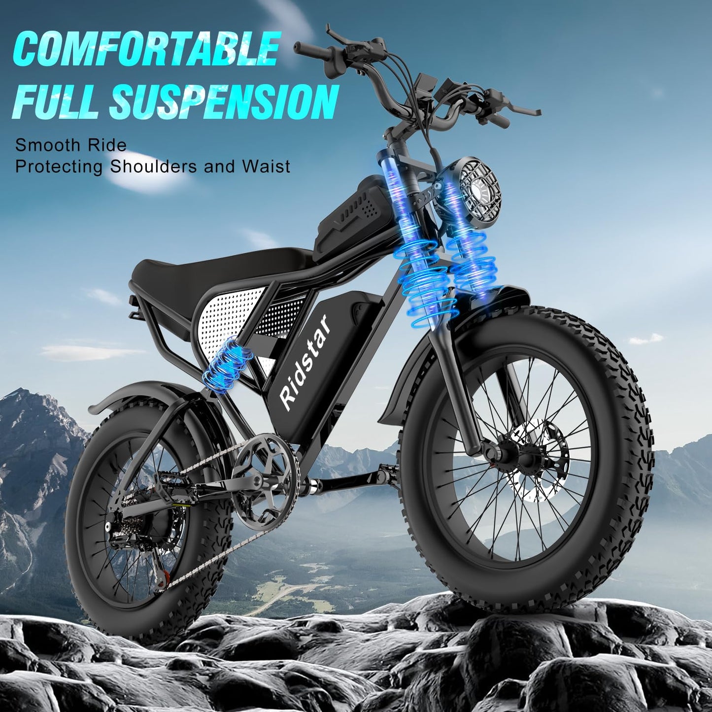 Ridstar Electric Bike for Adults Q20, 2000/1500W, 37/30MPH,52V 40AH,48V/20AH E-Bike,30-180 Miles Electric Motorcycle, 20" Fat Tire Dirt Bike, UL2849 All Terrain for Mountains, Snow, Sand, Road