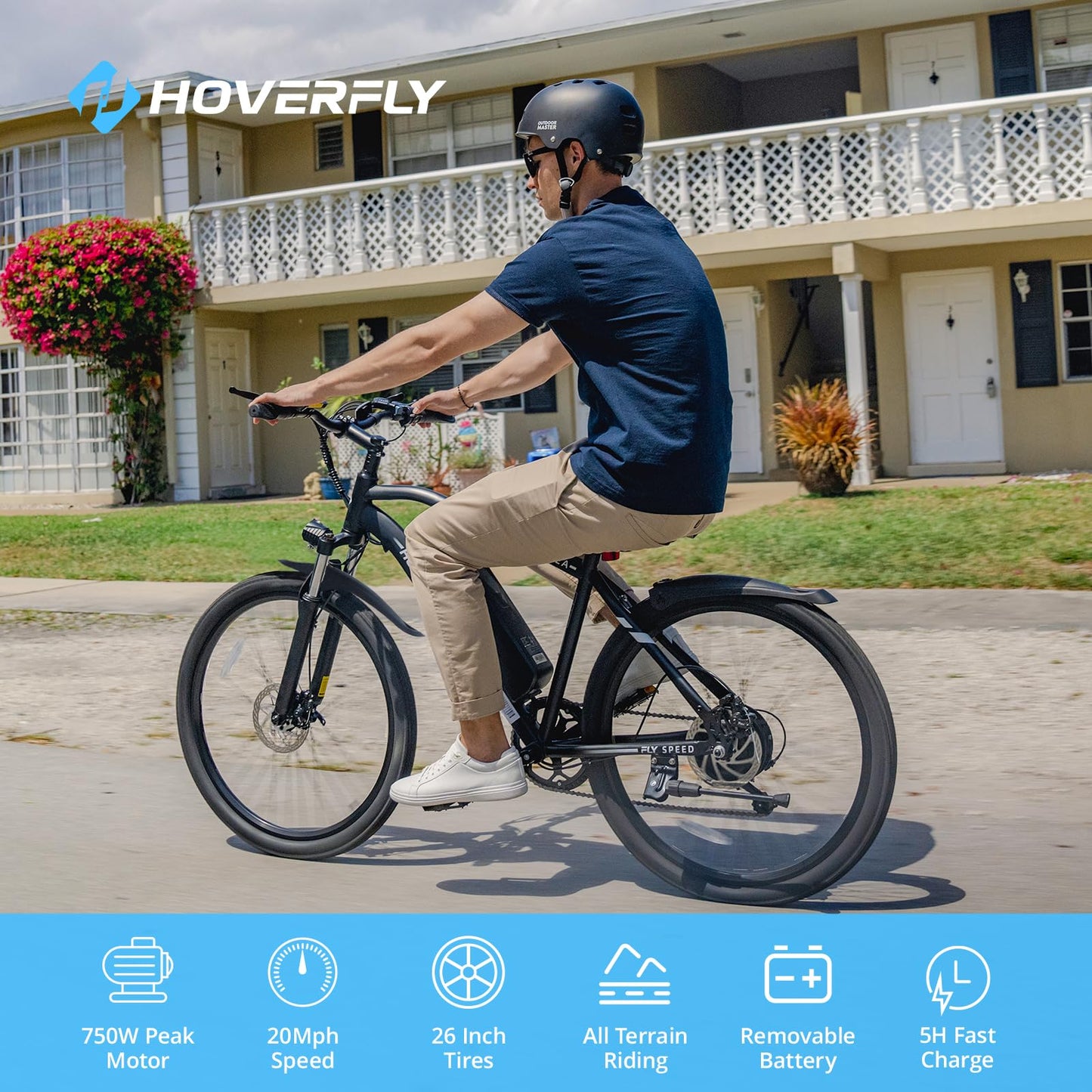 HOVERFLY OUREA Electric Bike 26", 750W Peak Motor Mountain Ebike, Up to 40 Miles 20MPH Removable Battery, 7-Speed and Shock Absorber, Electric Commuter Bike for Adults Black