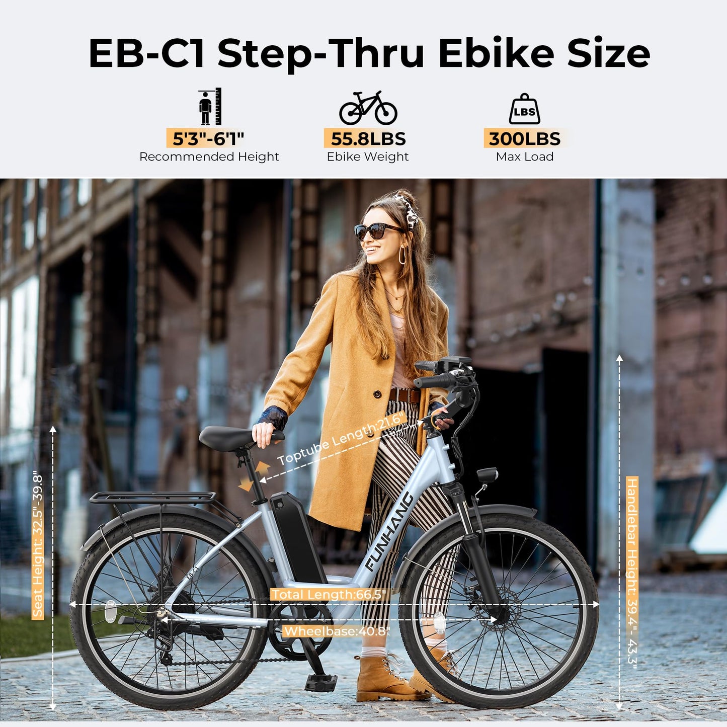 Funhang Electric Bike for Adults, 1000W Peak Ebike, 21.7MPH 50Miles City Cruiser Ebikes, 26" Step Thru Electric Bicycle with 48V Removable Battery, Adjustable Stem, Rear Rack, Front Suspension,7 Speed