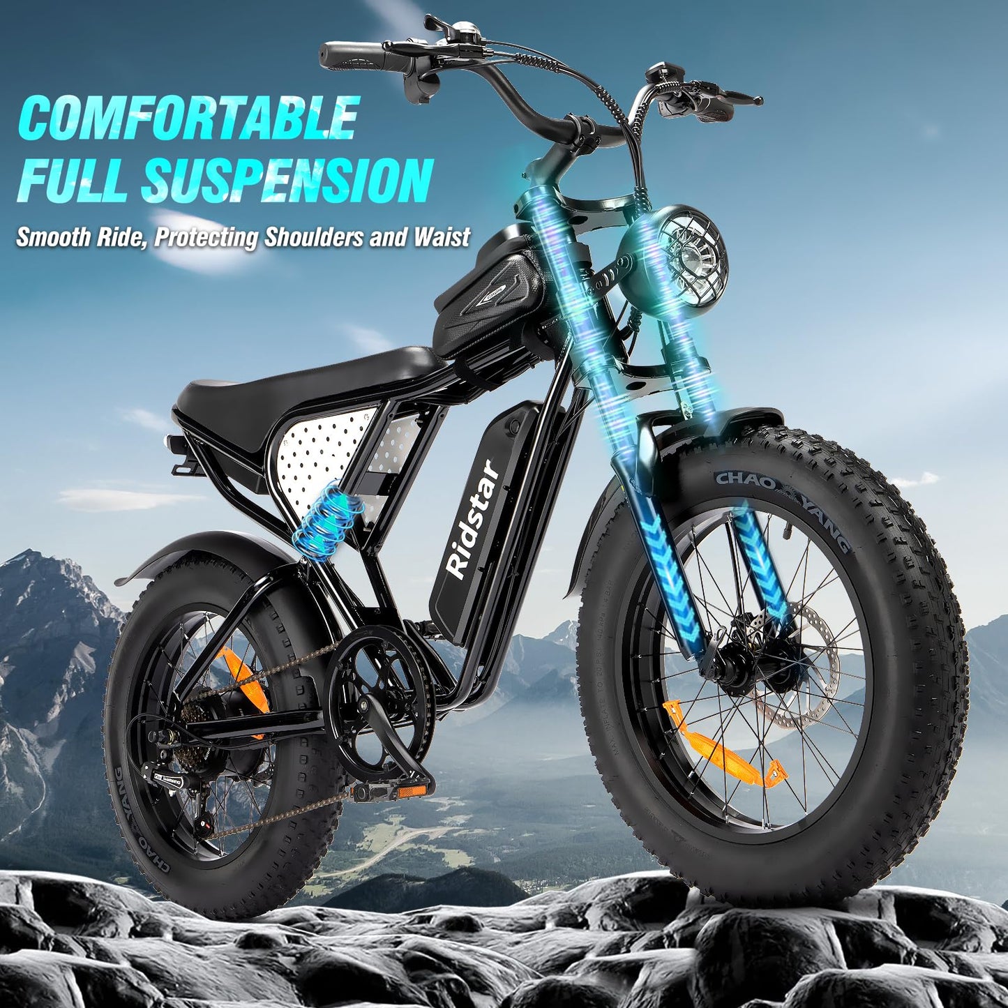 Ridstar Electric Bike for Adults Q20, 2000/1500W, 37/30MPH,52V 40AH,48V/20AH E-Bike,30-180 Miles Electric Motorcycle, 20" Fat Tire Dirt Bike, UL2849 All Terrain for Mountains, Snow, Sand, Road