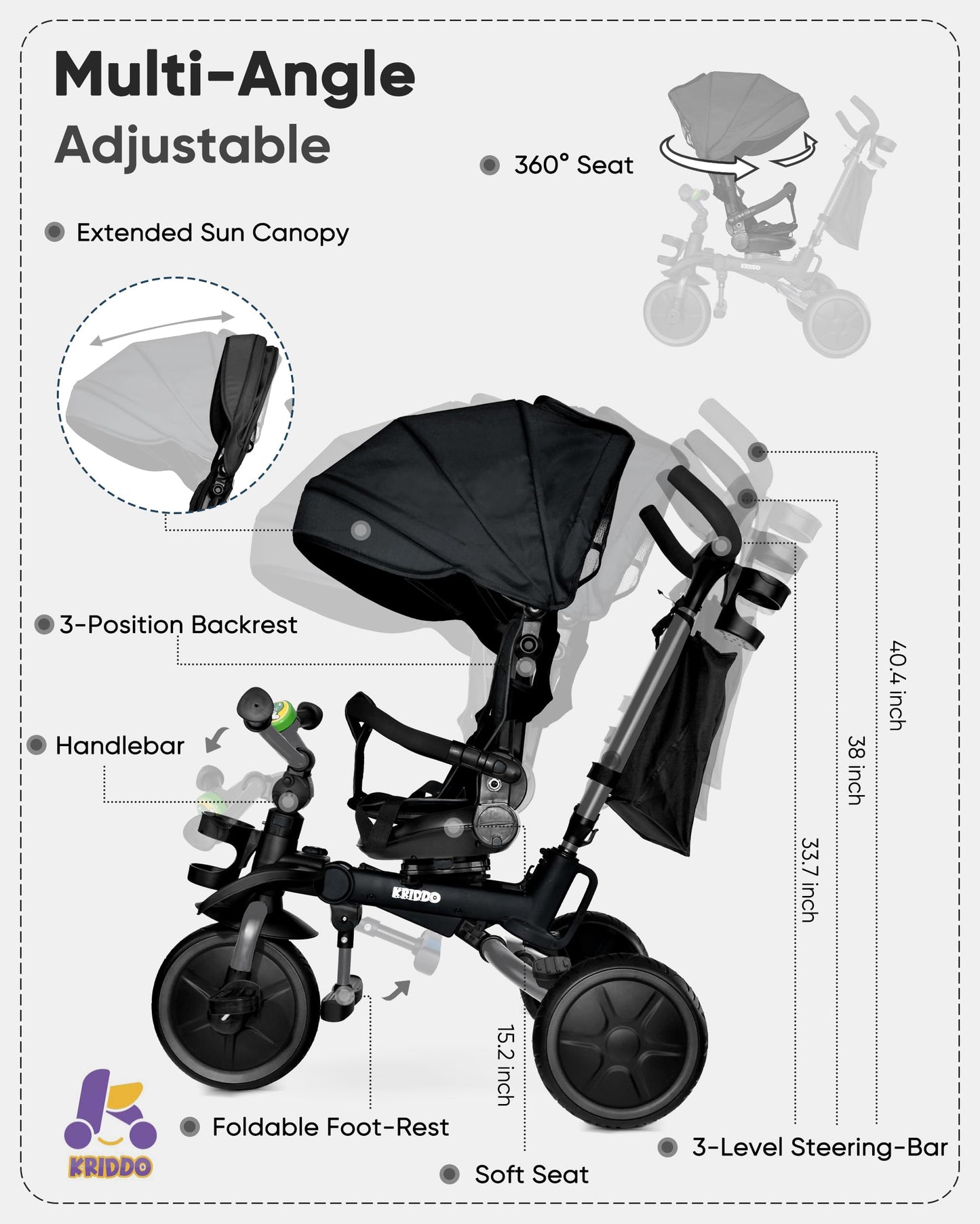 KRIDDO 8-in-1 Foldable Tricycle Stroller for Toddlers 18 Months to 5 Years, 5-Point Seatbelt, 1-Step Brake Pedal, Extended Canopy, Triple Footrest, Safety Rearview Window, Detachable Guardrail, Grey