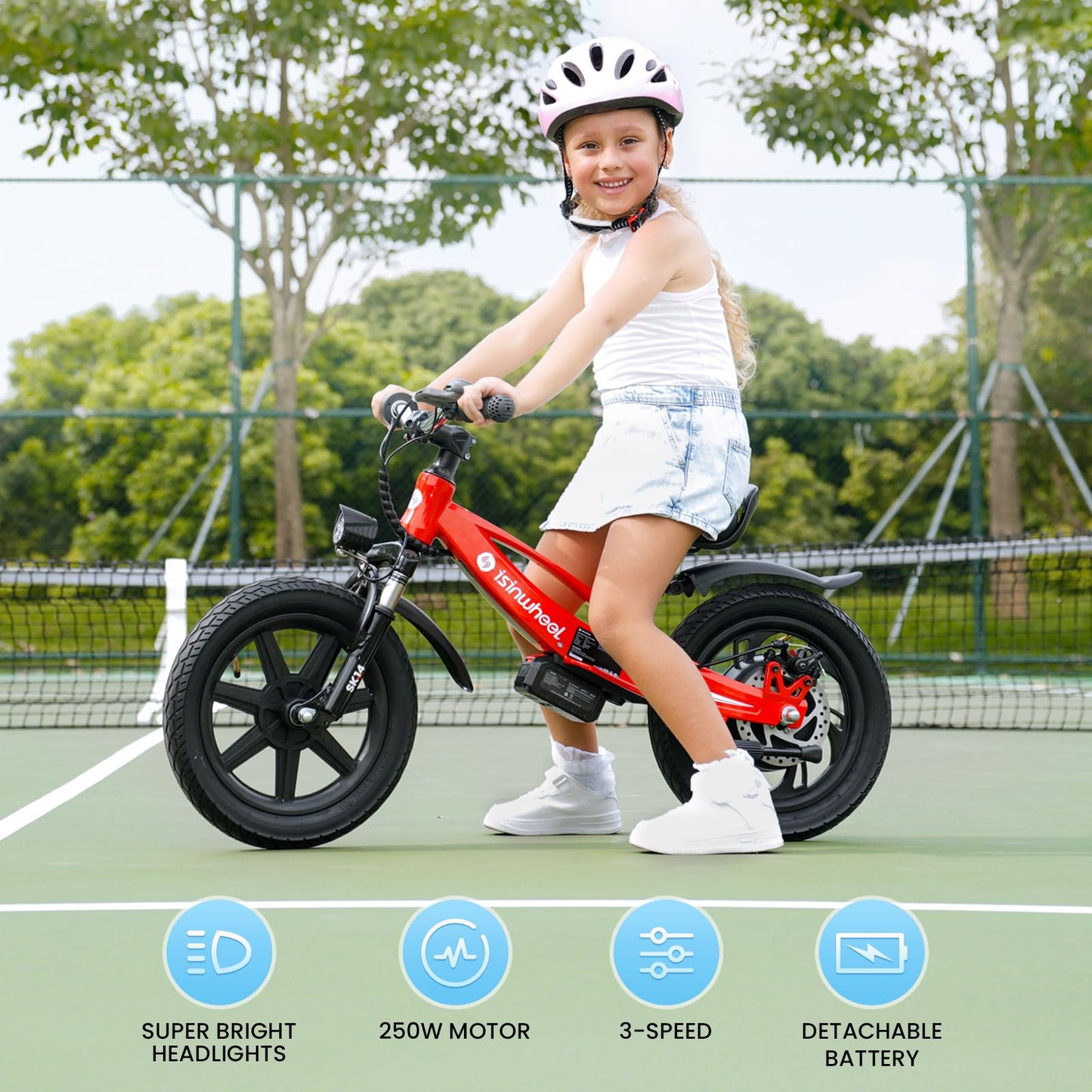 isinwheel SK14 Electric Bike for Kids Ages 3-6 Years Old, 250W Peak Power, Swappable Battery, 14-inch Inflatable Tire Electric Balance Bike, Adjustable Seat Electric Motorcycle for Boys & Girls, Red