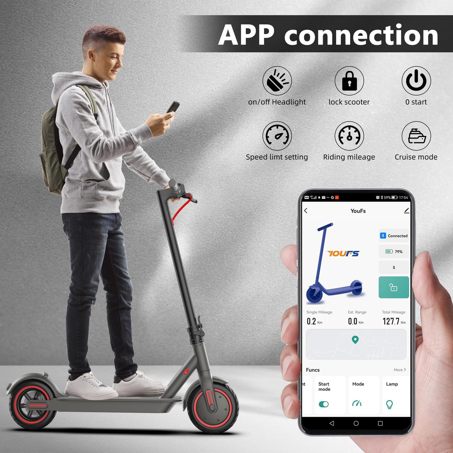 Sunclimb 8.5 Inch Electric Scooter for Adults with LED Display with App Function, 20-30 Km Range and 120kg Load with Mobile Phone Holder and Car Lock