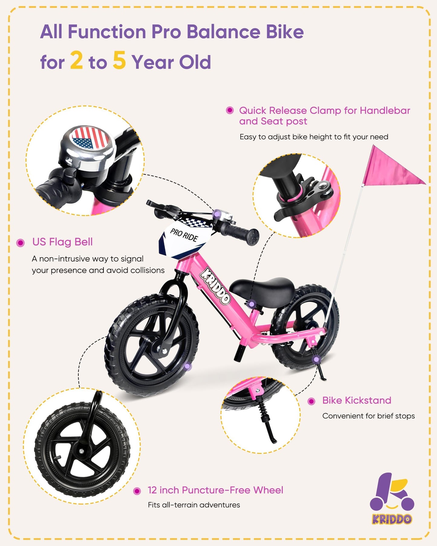 KRIDDO Pro Toddler Balance Bike for 2+ Year Old, 12 Inch Push Bicycle w Hand Brake & Kickstand, Gift Bike for 2-5 Boys Girls, Pink