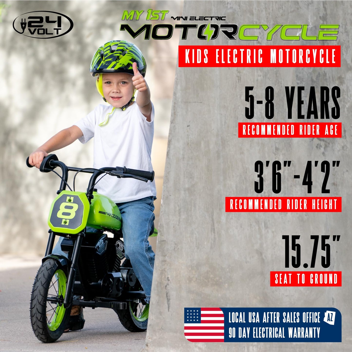 Madd Gear 24-Volt My 1st Mini Electric Dirt Bike for Kids Ages 5-8 - Dual Speed Up to 10 MPH, 12" Tires, 7.5 Mile Range, 110 lbs Max Capacity - Lightweight, Safe Electric Motorcycle (Motorcycle)