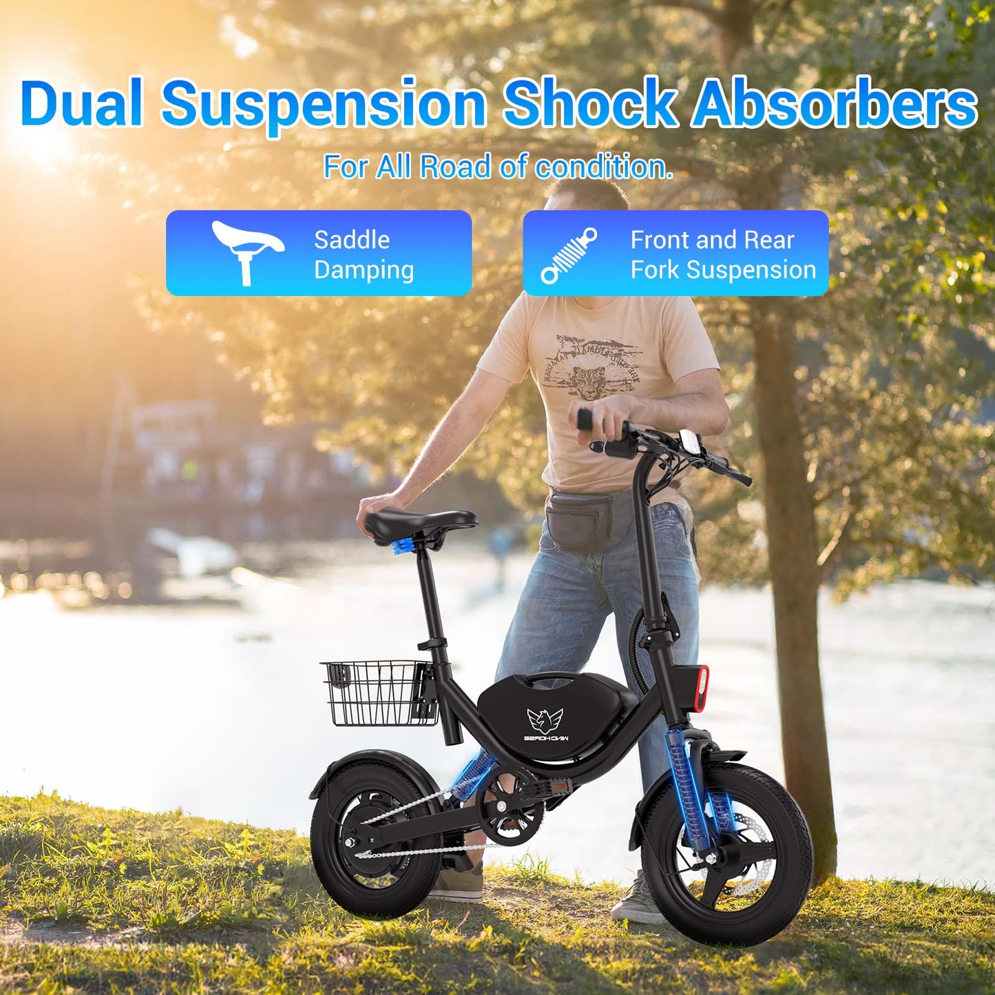 SEHOMY Electric Bike for Adults 710W Peak Motor, 330LBS Max Load, 22mph Folding City Commuter Ebikes, 36V Battery, 35MIles Travel Range, Dual Suspension, Dual Disc Brake, 14" Adults Electric Bicycles