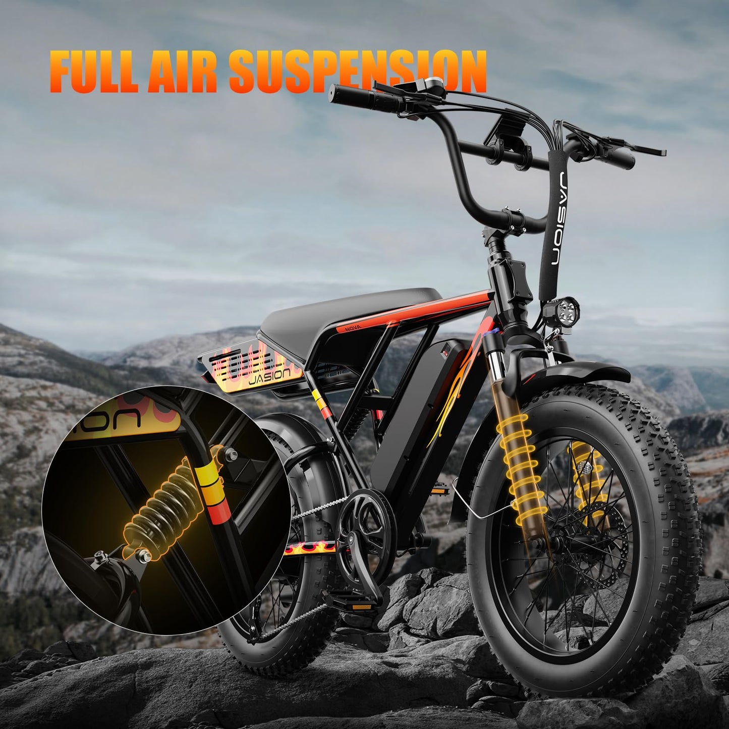 Jasion RetroVolt Electric Bike for Adults, [1200W Peak Upgrade Motor & 30MPH & 70Miles] Full Suspension Ebike, 20" Fat Tire All-Terrain E-Bike with 48V 13Ah Removable Battery Moped Electric Bicycle