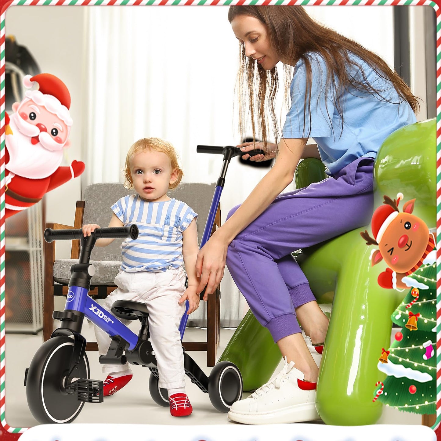 XJD Toddler Bike, 6 in 1 Folding Toddler Tricycle for 1-4 Year Old with Push Handle, Balance Bike with Removable Pedal,Backrest, Adjustable Seat Height and Handle, First Birthday Gifts (White)