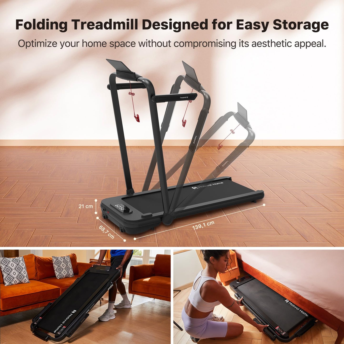 Mobvoi Home Treadmill SE 3 in 1 Foldable Treadmill for Home Walking Pad 2.5 HP Compact Portable folding Under Desk Running Walking Machine with Remote Control LED Display for Home Office 12 km/h