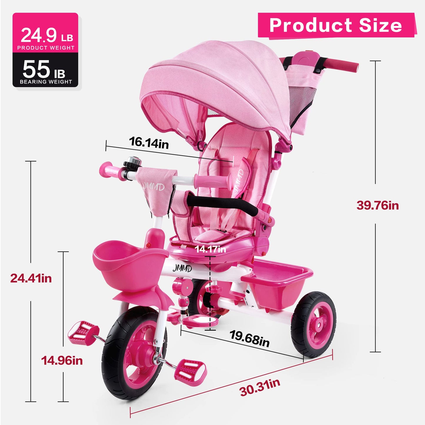 JMMD Baby Trike, 6-in-1 Kids Tricycle with Adjustable Push Handle, Removable Canopy, Safety Harness for 18 Months - 5 Year Old, Pink