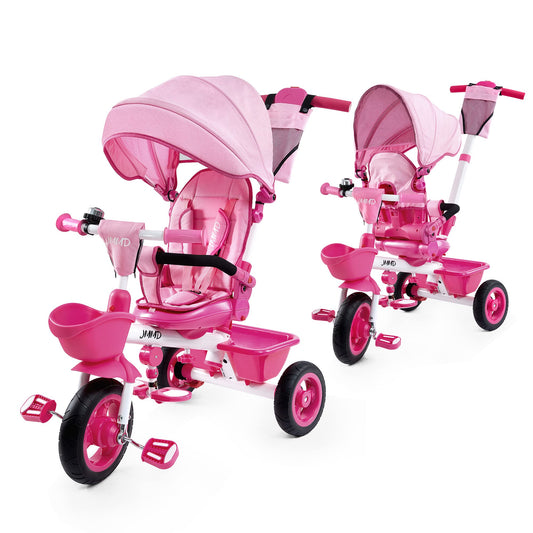 JMMD Baby Trike, 6-in-1 Kids Tricycle with Adjustable Push Handle, Removable Canopy, Safety Harness for 18 Months - 5 Year Old, Pink