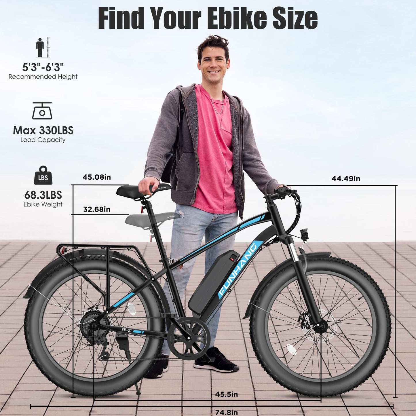 Funhang Electric Bike for Adults, Peak 1000W Ebike, 25MPH 60Miles Electric Mountain Bike, 26" Fat Tire Adult Electric Bicycle with 48V 13AH Battery, Rear Rack, 7 Speed, Front Suspension, Turn Signal