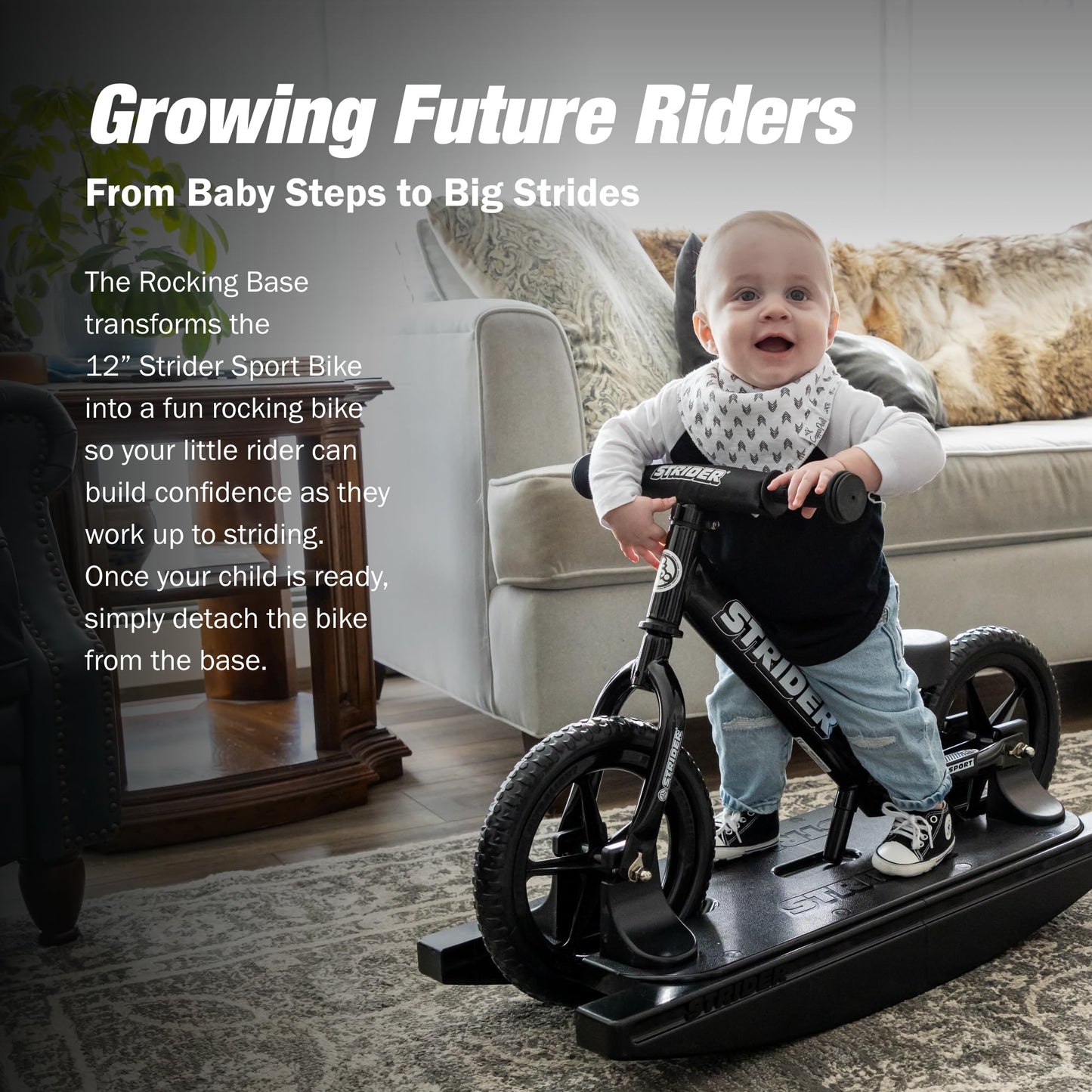 Strider 12” Sport Bike (Black) + Rocking Base - Helps Teach Baby How to Ride a Balance Bicycle - for Kids 6 Months to 4 Years - Easy Assembly & Adjustments