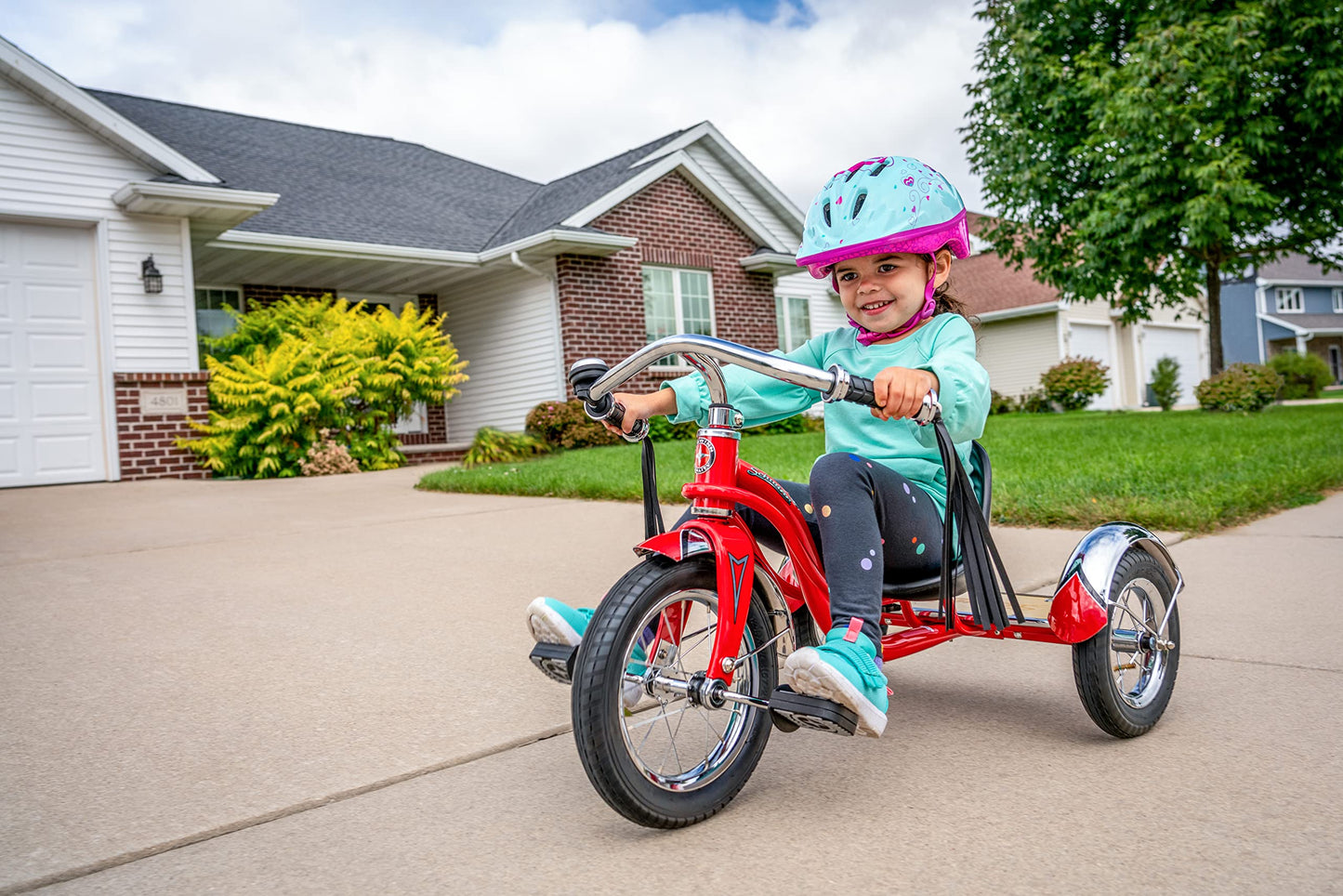 Schwinn Roadster Bike for Toddler, Kids Classic Tricycle, Low Positioned Steel Trike Frame with Bell and Handlebar Tassels, Rear Deck Made of Genuine Wood, for Boys and Girls Ages 2-4 Year Old, Red