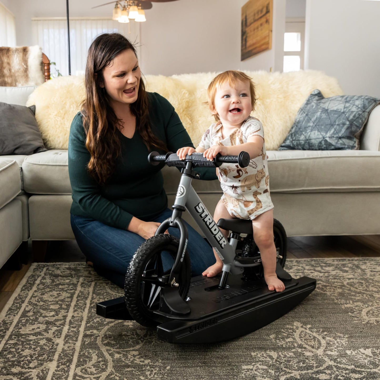 Strider 12” Sport Bike (Matte Gray) + Rocking Base - Helps Teach Baby How to Ride a Balance Bicycle - for Kids 6 Months to 4 Years - Easy Assembly & Adjustments