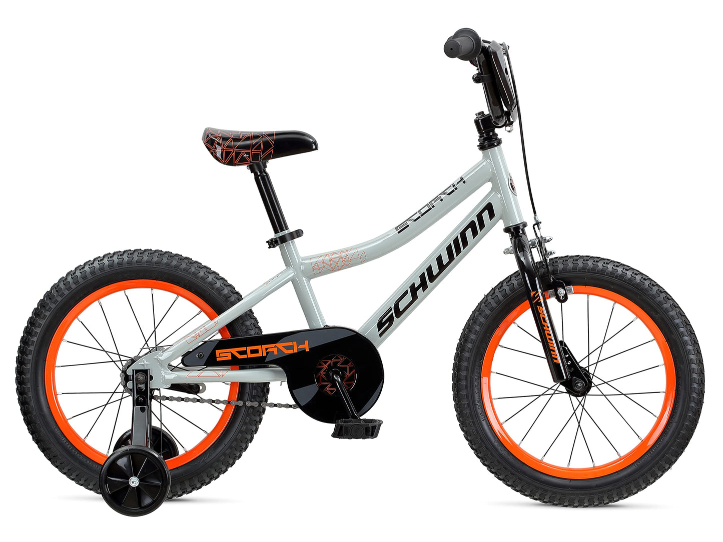 Schwinn Scorch BMX Style Kids Bike, For Boys and Girls Ages 3-7 Years, 16-Inch Wheels, Training Wheels Included, Cross Bar Pad and Number Plate, Rider Height 38 to 48 Inches, Grey