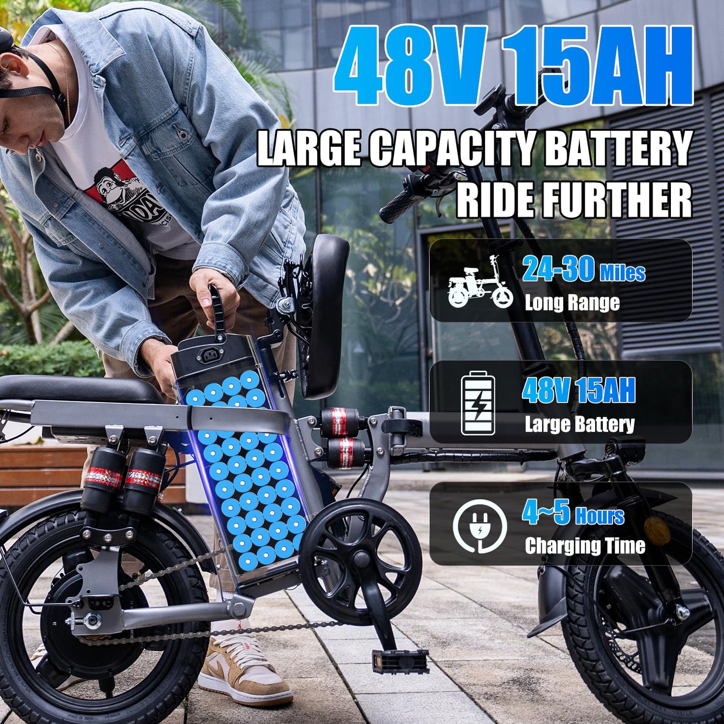 AZHAR Electric Bike for Adults, Foldable Electric Bike, 500W Motor, Up to 25 MPH and 20/30 Miles, 48V 15Ah/13Ah Removable Battery, Ebike with 14" Pneumatic Tire, Electric Mini Bike, UL 2849 Certified