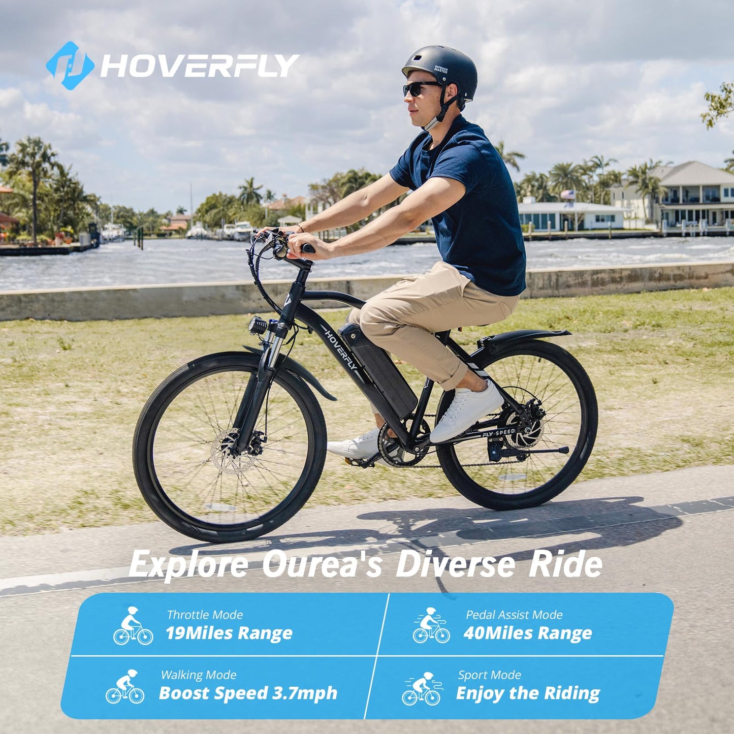 HOVERFLY OUREA Electric Bike 26", 750W Peak Motor Mountain Ebike, Up to 40 Miles 20MPH Removable Battery, 7-Speed and Shock Absorber, Electric Commuter Bike for Adults Black