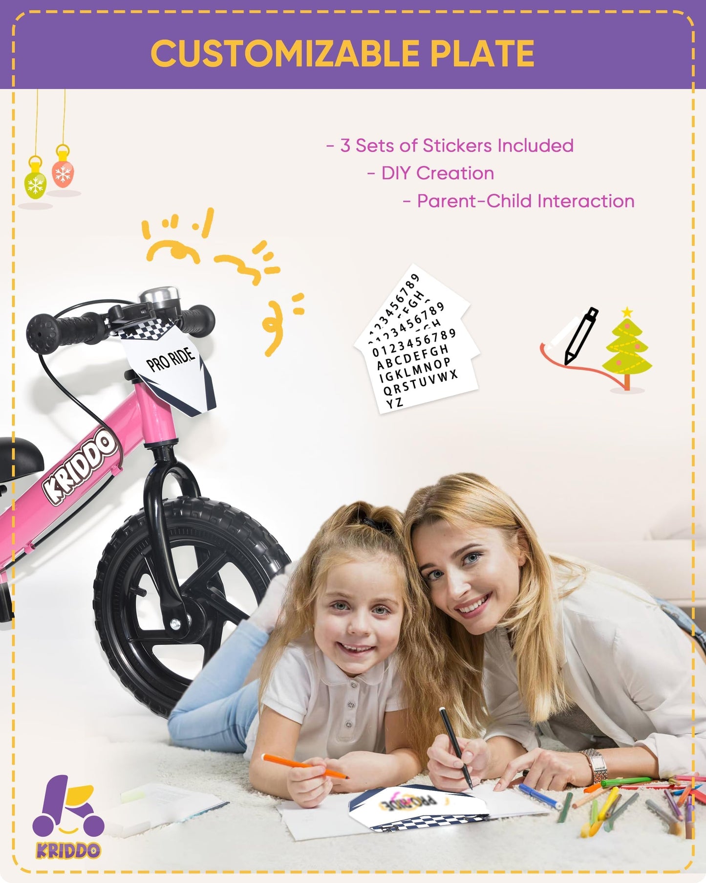 KRIDDO Pro Toddler Balance Bike for 2+ Year Old, 12 Inch Push Bicycle w Hand Brake & Kickstand, Gift Bike for 2-5 Boys Girls, Pink