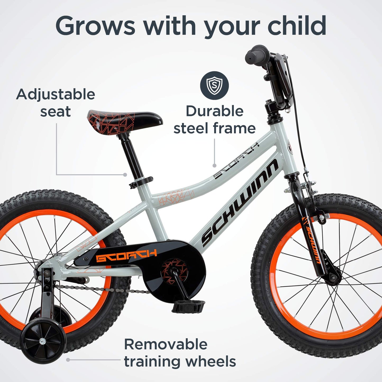 Schwinn Scorch BMX Style Kids Bike, For Boys and Girls Ages 3-7 Years, 16-Inch Wheels, Training Wheels Included, Cross Bar Pad and Number Plate, Rider Height 38 to 48 Inches, Grey