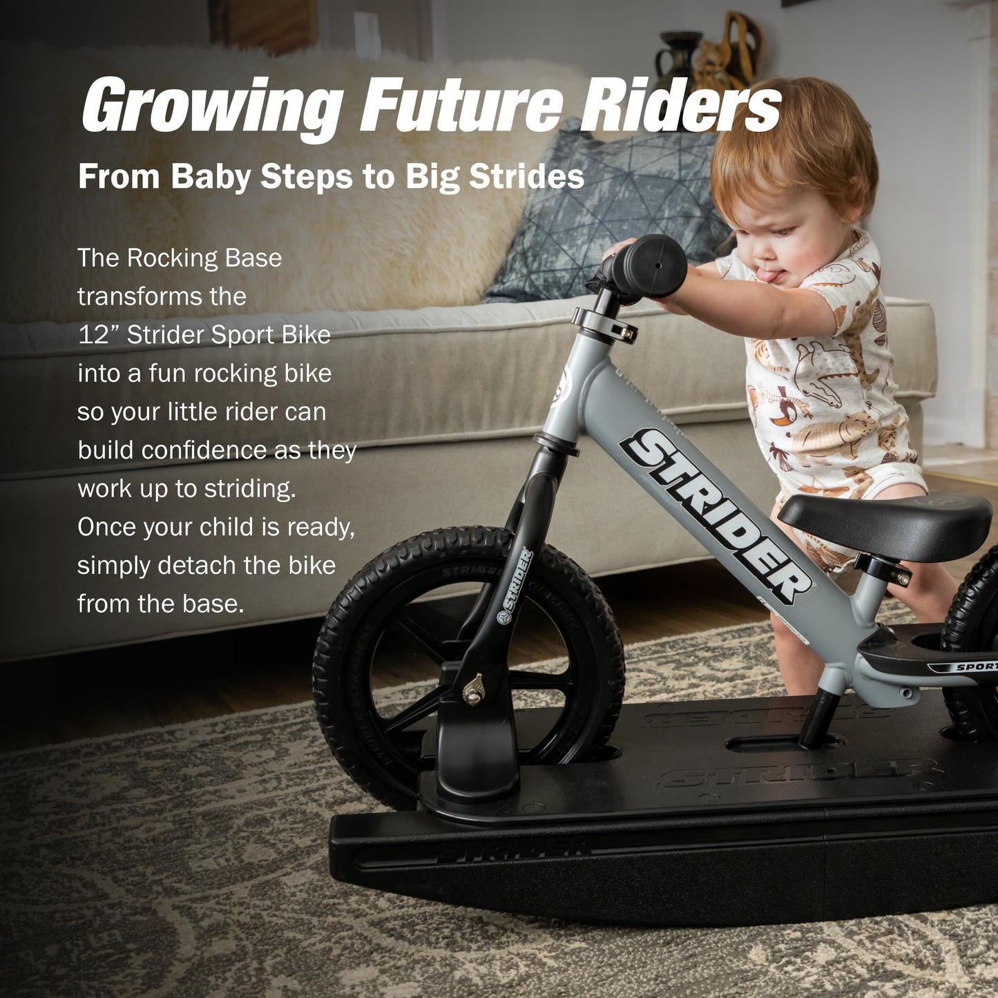 Strider 12” Sport Bike (Matte Gray) + Rocking Base - Helps Teach Baby How to Ride a Balance Bicycle - for Kids 6 Months to 4 Years - Easy Assembly & Adjustments