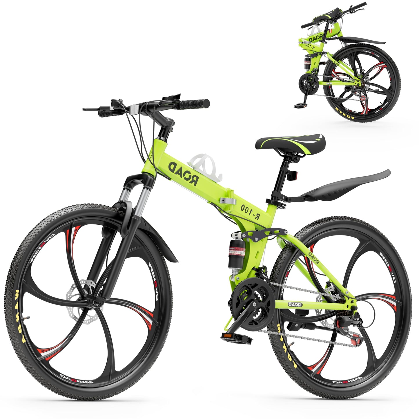 Betterland 26 Inch Mountain Bike, 21 Speeds Full Suspension Dual Disc Brake, Folding Bikes High Carbon Steel Frame and Non-Slip Quick Release tire Bicycle for Men Women(LH-Green)