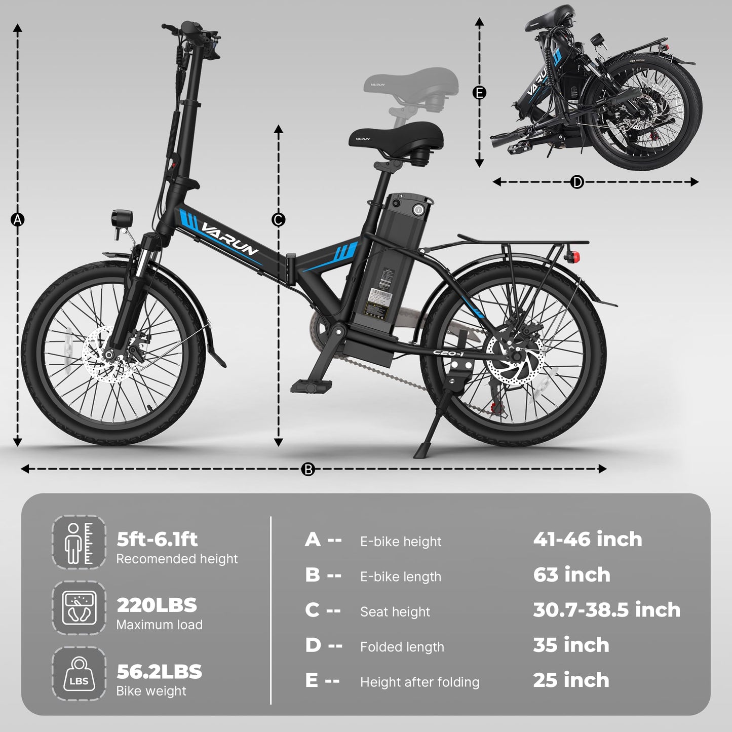 VARUN Electric Bike - Peak 750W Folding Ebike for Adults Up to 40 Miles 20MPH, 48V Removable Lithium-Battery, Stylish 20" Foldable Electric Bicycle Commuter for Women & Men