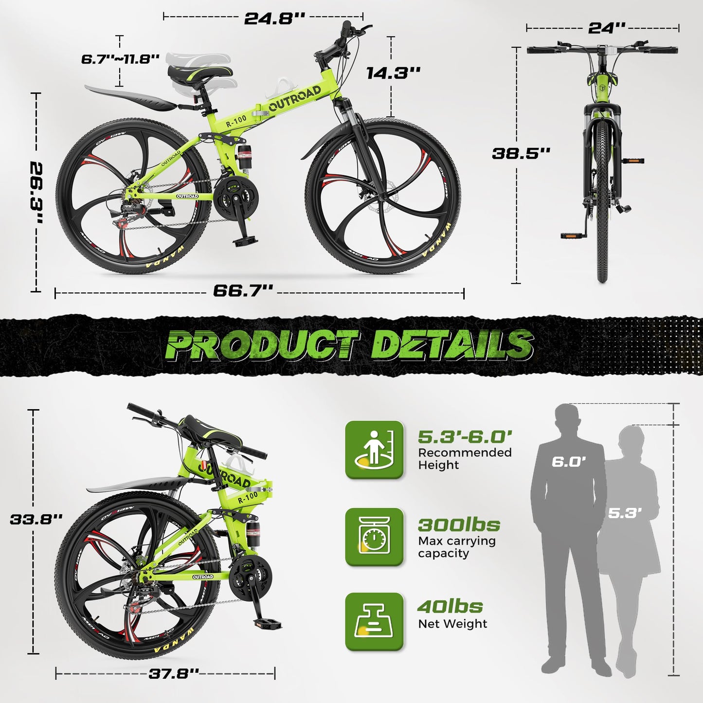 Betterland 26 Inch Mountain Bike, 21 Speeds Full Suspension Dual Disc Brake, Folding Bikes High Carbon Steel Frame and Non-Slip Quick Release tire Bicycle for Men Women(LH-Green)