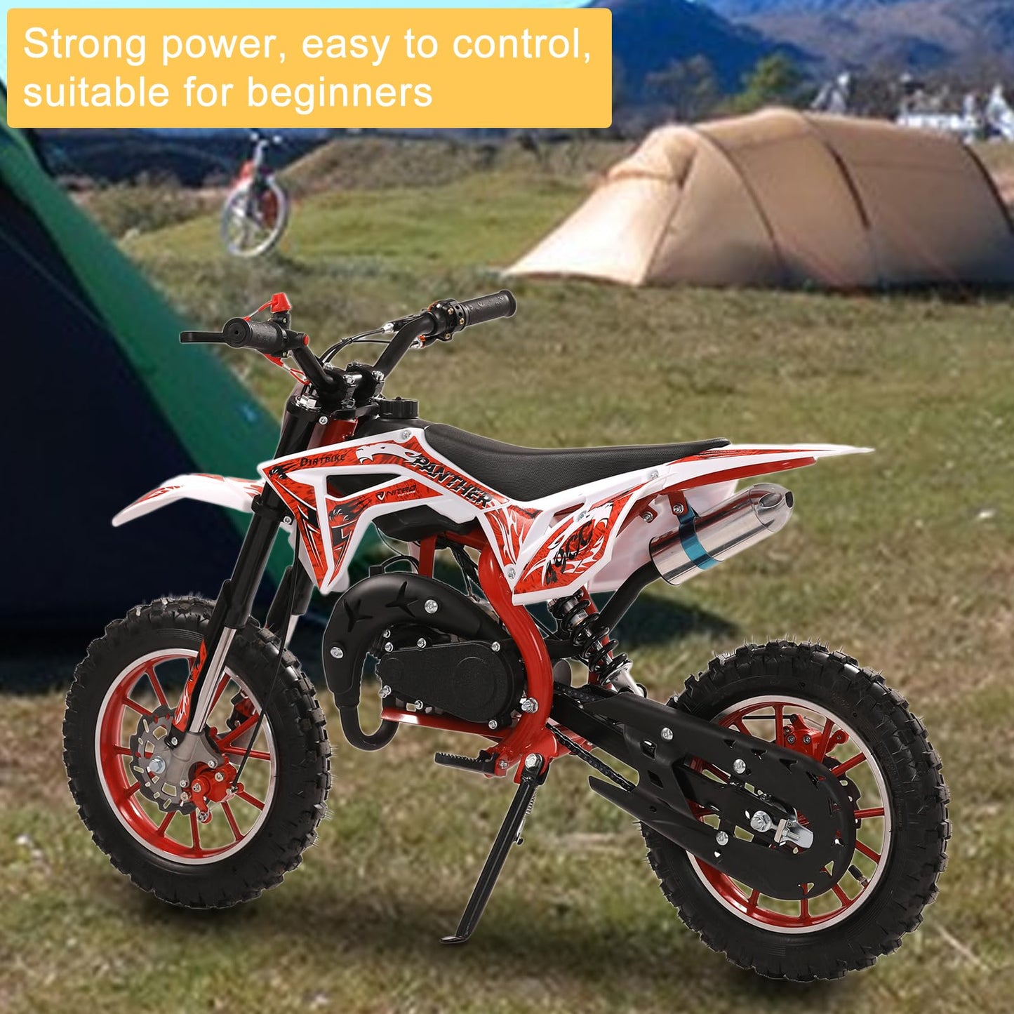 50cc Kids Dirt Bike, Dirt Bike for Kids 8-14, 2-Stroke Gas Dirt Bike, Gas Power Pocket Rocket Bike [New Model Quality Improvement], Off Road Mini Motorcycle Max Load 330Lbs, More Summer Fun (Red)