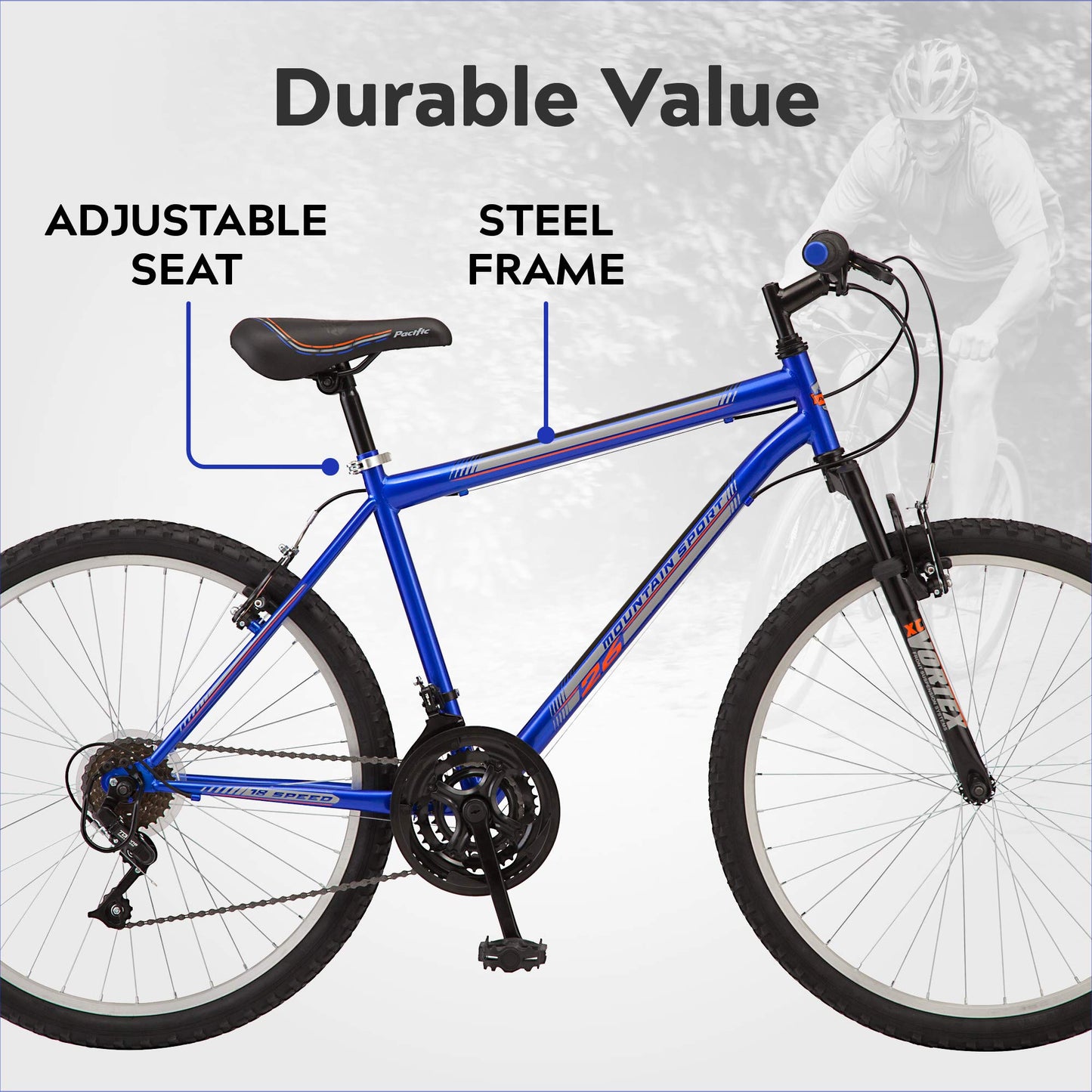 Pacific Mountain Sport Adult Hardtail Mountain Bike, Men and Women, 26-Inch Wheels, 18 Speed Twist Shifters, Front Suspension, Steel Frame, Blue