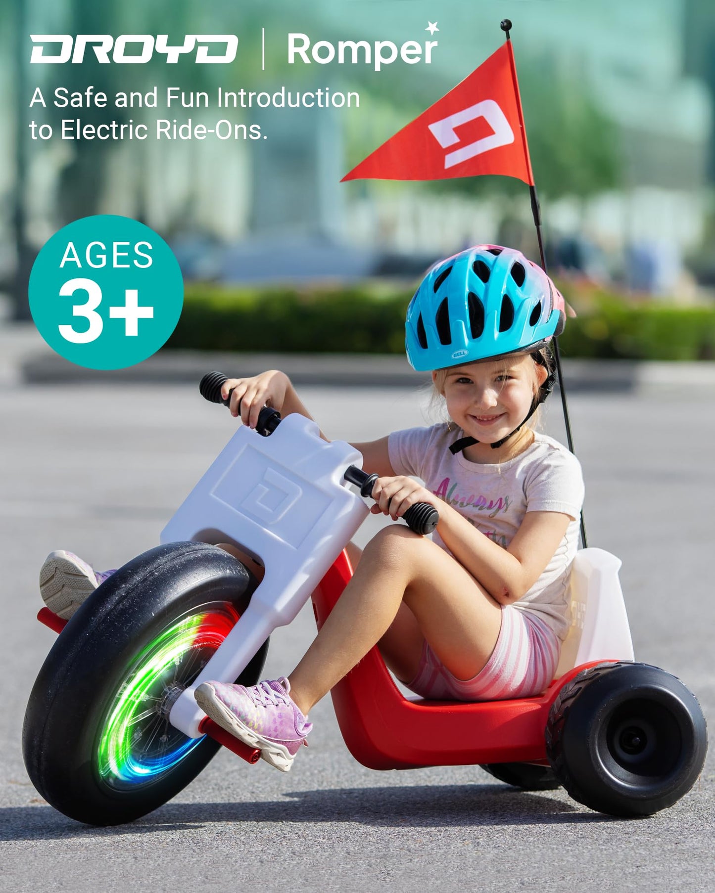 Droyd Romper Electric Tricycle for Kids 3+ Years, 24V Gifts Toys 3-6 MPH Max Speed & 45 Mins Max Long Lasting, Parental Speed Control Safe Trikes with Adjustable Seat & LED Lights for Boys and Girls