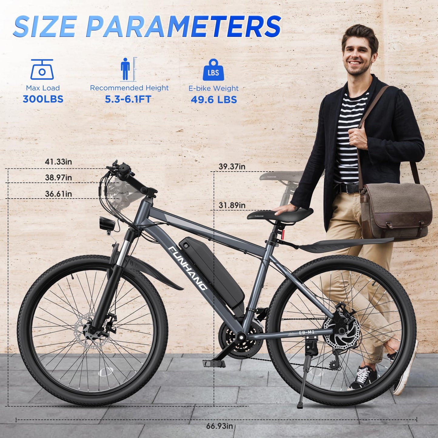 Funhang Electric Bike for Adults, 26'' 750W Peak Ebike, Up to 50 Miles 21.7MPH Electric Mountain Bike with 48V 374.4WH Removable Battery, Adjustable Stem, Fenders, Lockable Suspension Fork, 21-Speed