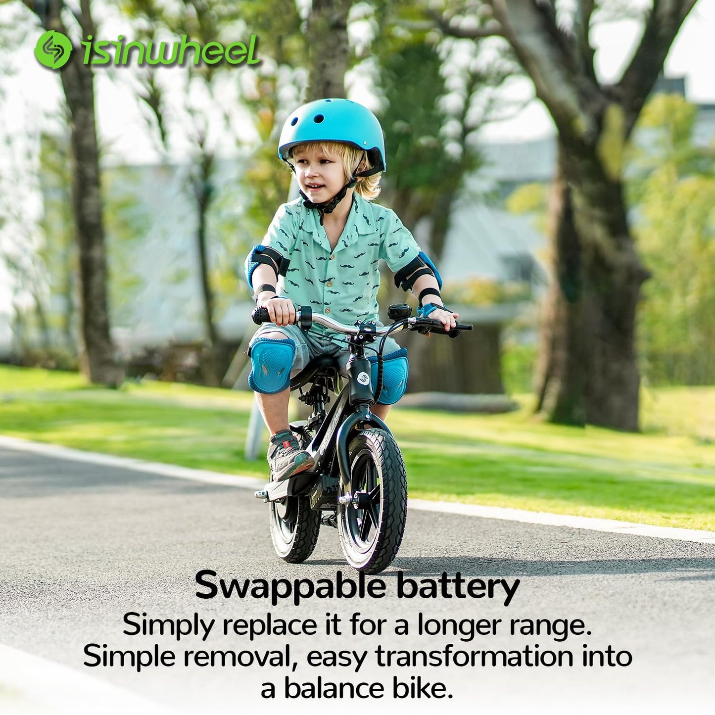 isinwheel SK12 2-in-1 Electric Bike for Kids Ages 3-5, 150W Electric Balance Bike with Swappable Battery, 12-inch Inflatable Tire and Adjustable Seat, Electric Motorcycle for Kids Boys & Girls