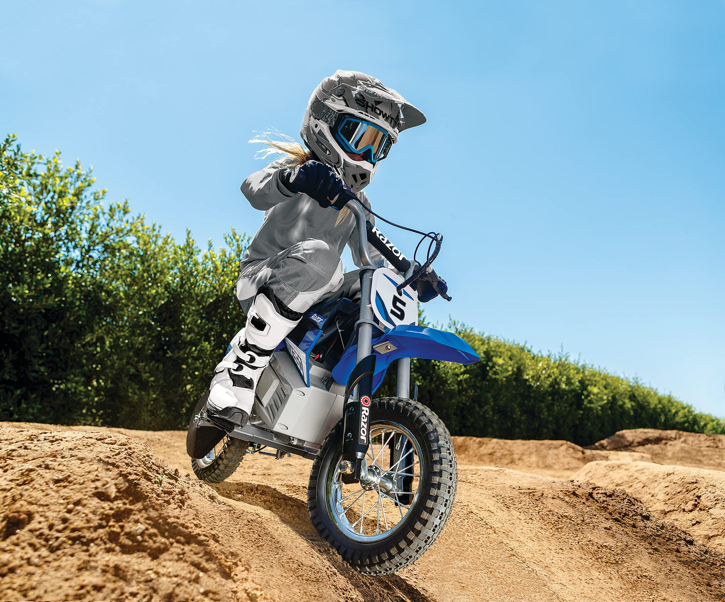 Razor MX350 Dirt Rocket Electric Motocross Off-Road Bike for Age 13+, Up to 30 Minutes Continuous Ride Time, 12" Air-Filled Tires, Hand-Operated Rear Brake, Twist Grip Throttle, Chain-Driven Motor