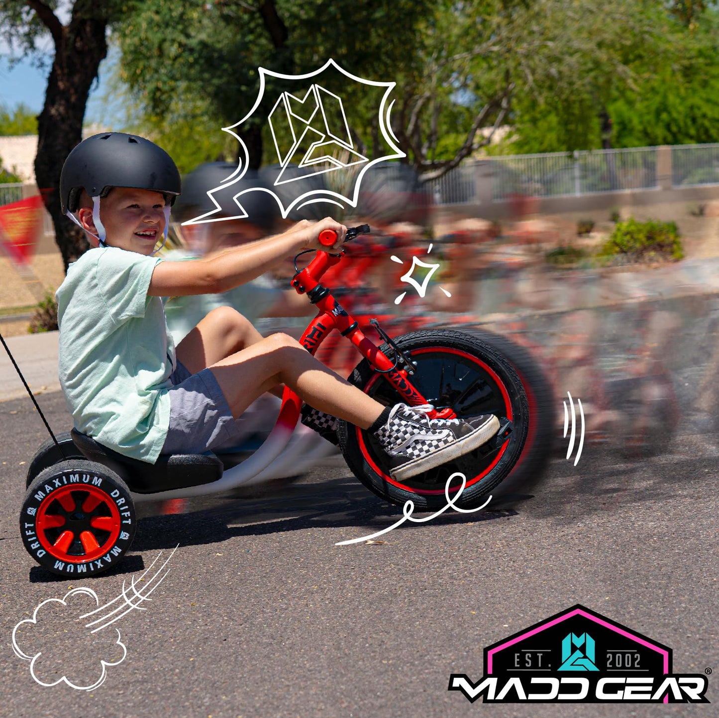 Madd Gear Drift Trike – Big Wheel Drifting Tricycle for Ages 5+ with Strong Steel Frame - Max Rider Weight 150lbs - Chopper Style Ride-On Kids Bike - Adjustable Seat - Safety Flag (Graphic 1)