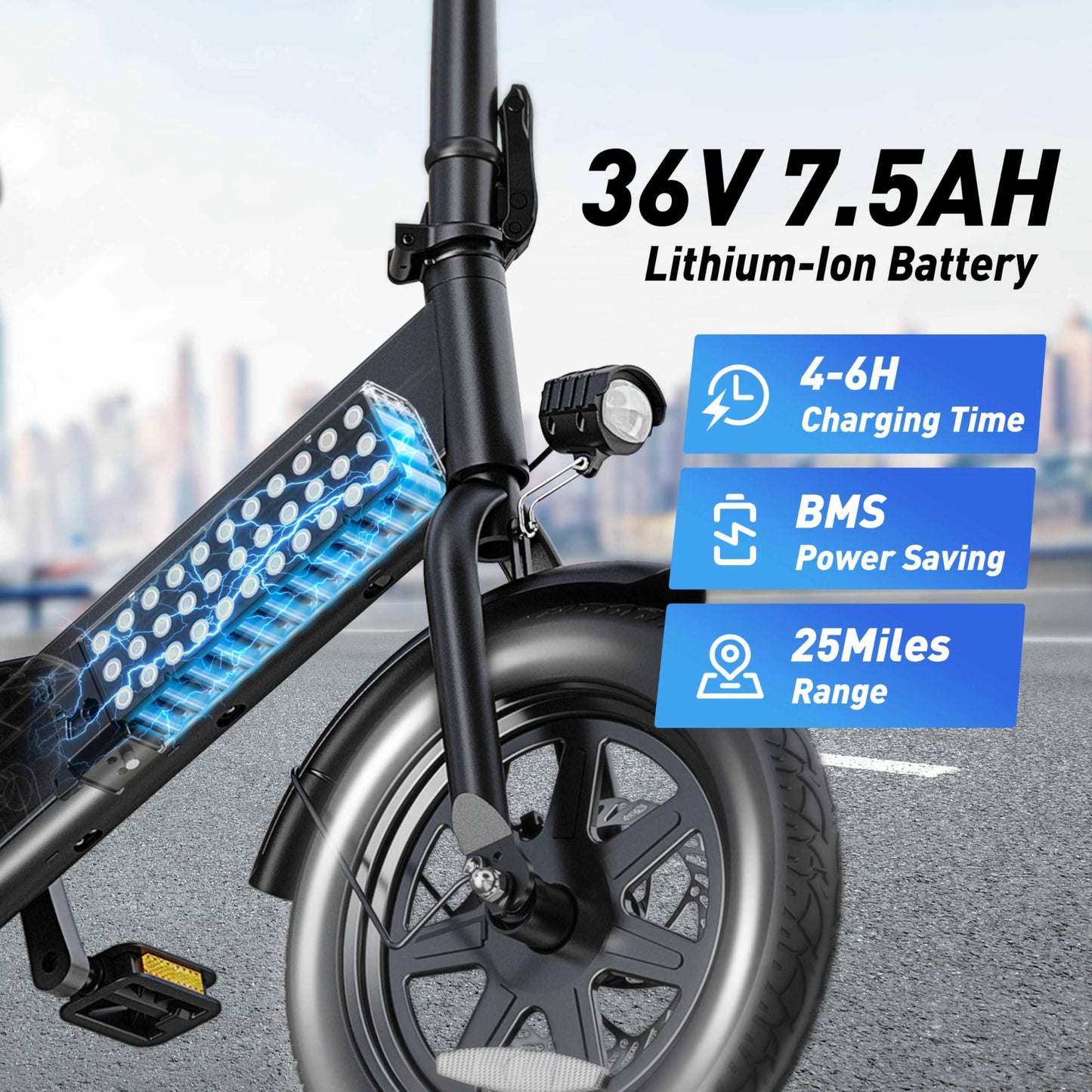 DYU Electric Bike for Adults Teens, Folding Electric Bicycle,Commuter City E-Bike with 350W Motor and 36V 7.5Ah Battery,3 Levels Assist, Dual Disc Brakes,14" Foldable ebike with Pedals